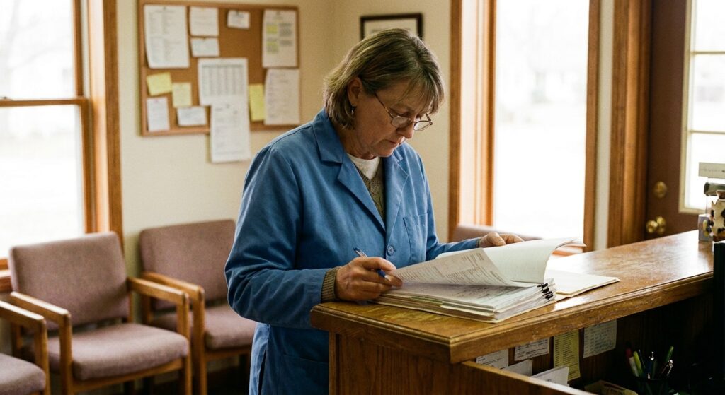 Veterinarian reviewing veterinary practice sale documents