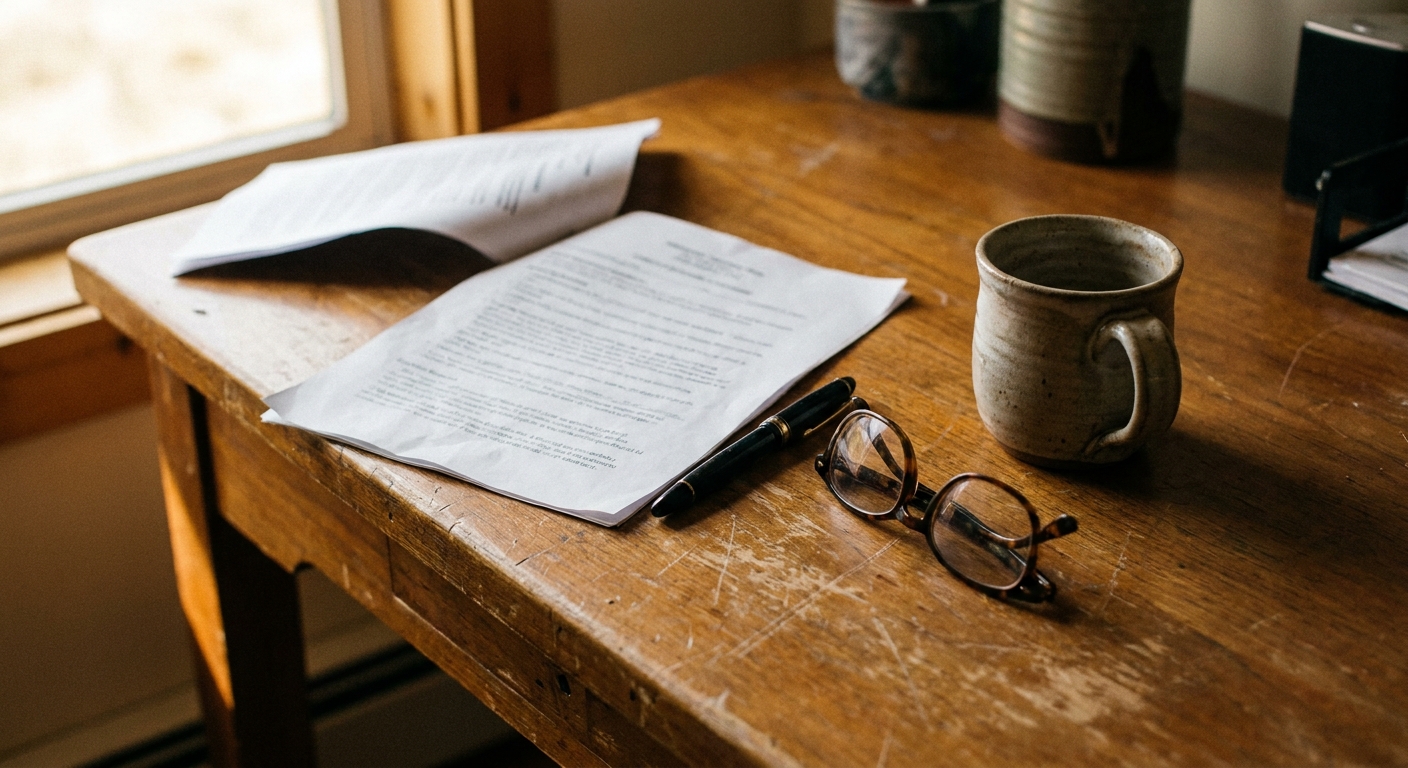 A veterinarian seated at a table reviewing a written acquisition term sheet, looking down at the document, candid documentary style, natural light, slight off-center composition