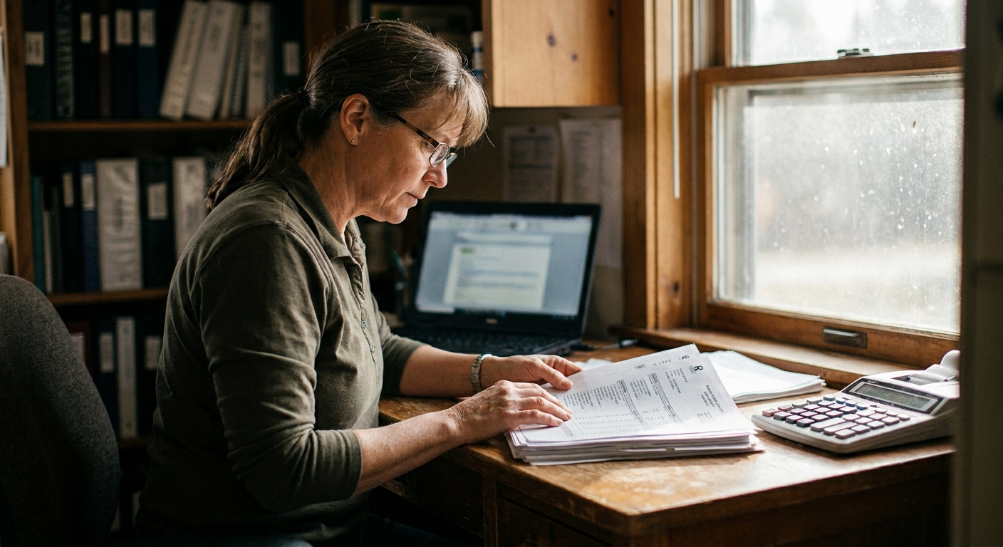 A veterinarian and a sell-side advisor reviewing deal term sheets together at a table, looking down at the documents, candid documentary style, warm ambient light, papers spread out, professional but informal setting
