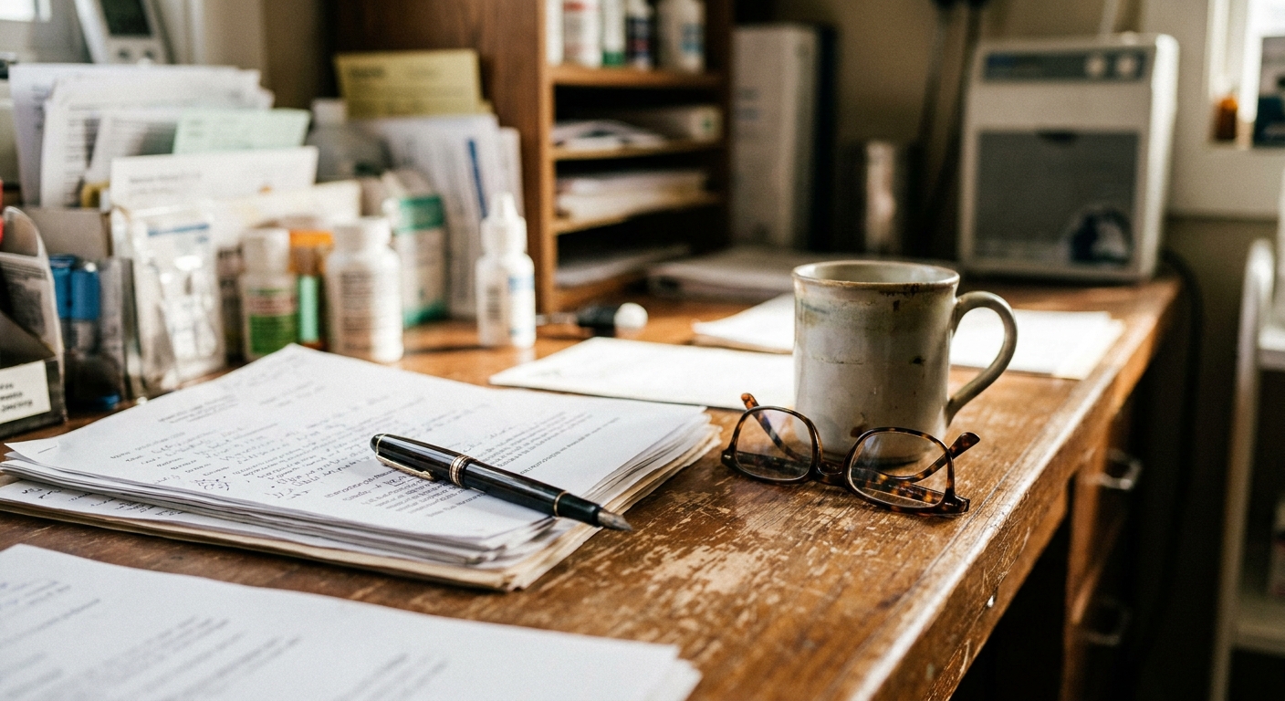 Veterinarian reviewing a term sheet with a financial document on the table, looking down at the pages in a quiet practice office, natural light, candid and unposed