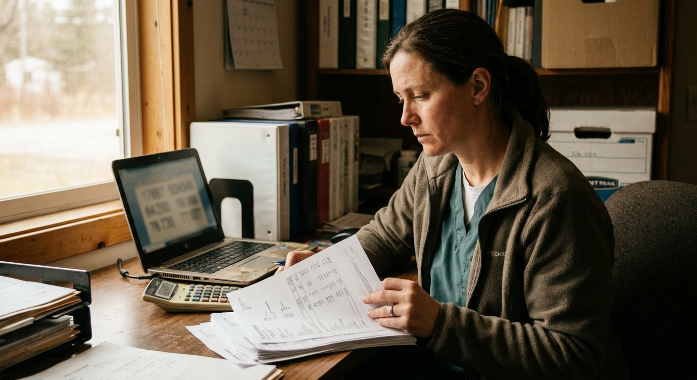 Veterinarian and co-founder talking through a deal document at a table during an advisory dinner, focused and natural, no posed expressions, warm ambient light