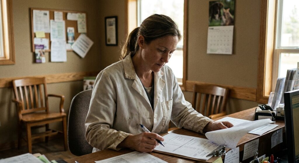 Veterinarian reviewing veterinary practice sale documents