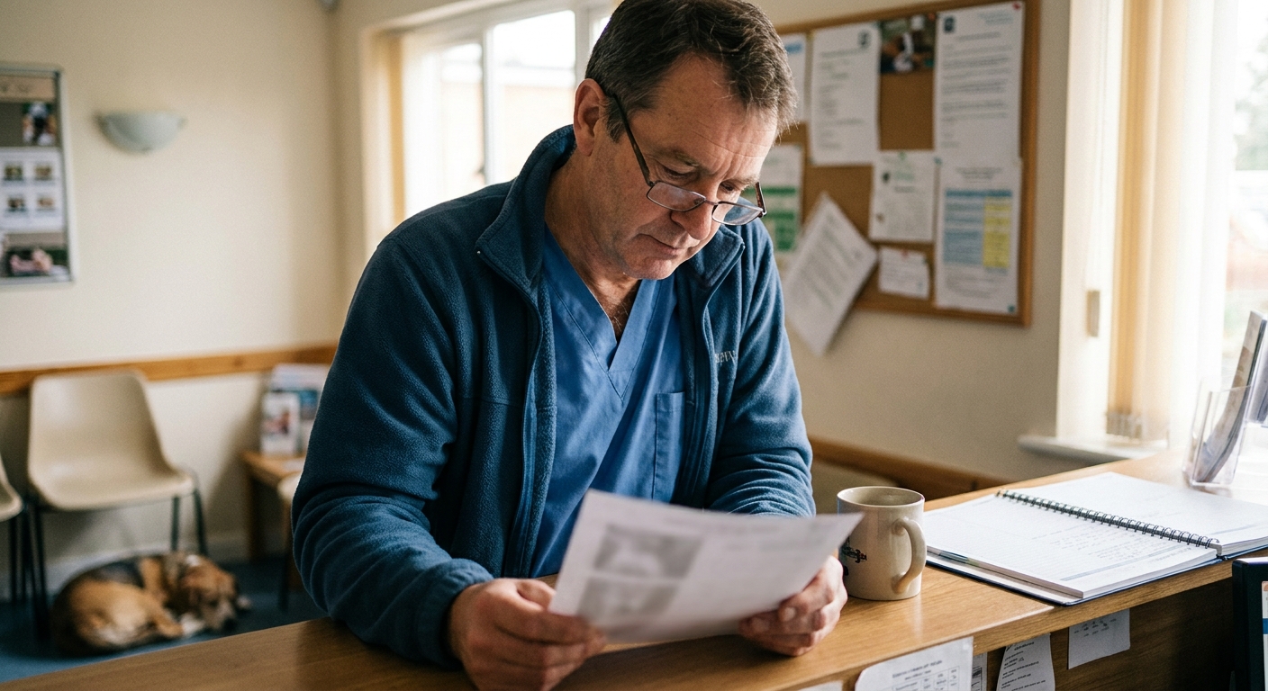 A solo veterinarian working with a small dog on the exam table while one assistant steadies the patient, looking down at the animal in natural light, unposed