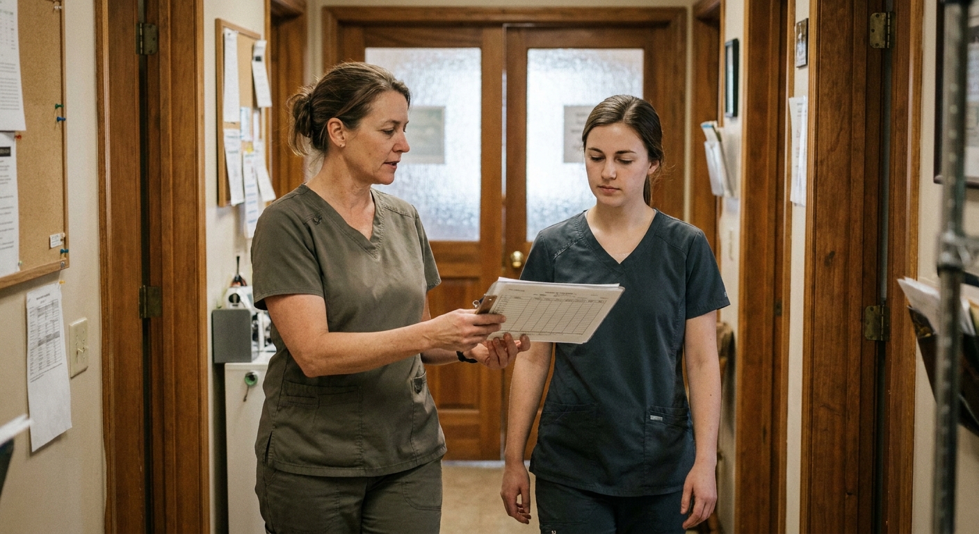 A single-doctor owner reviewing the practice's financial printouts at the front desk after hours, looking down at the pages, calm and focused, real-practice clutter around