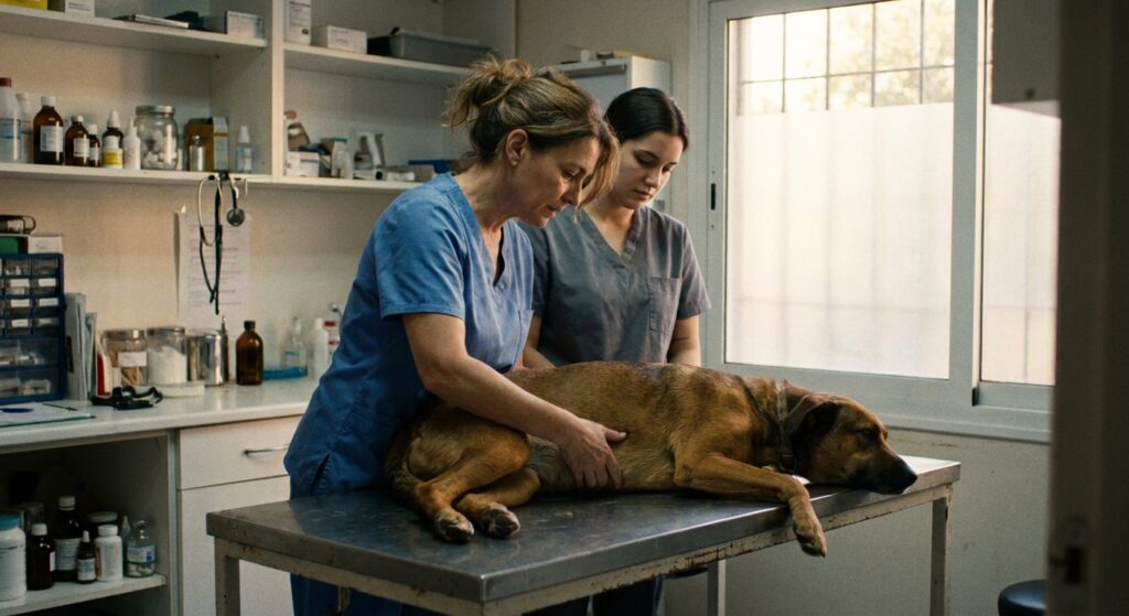Solo veterinarian examining a dog with a single assistant in a one-doctor practice