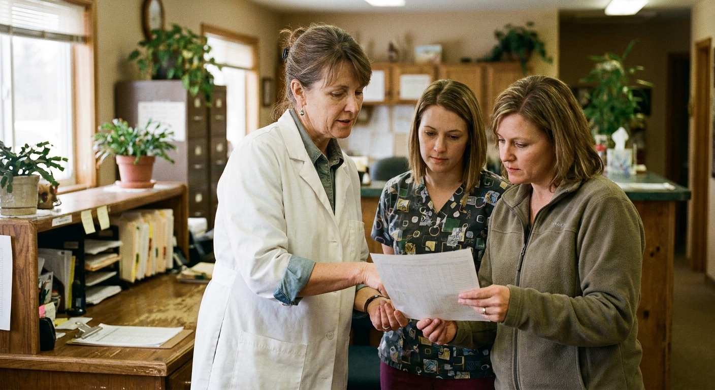 A veterinary team of doctors and technicians working together in a busy practice, focused on a patient, captured candidly