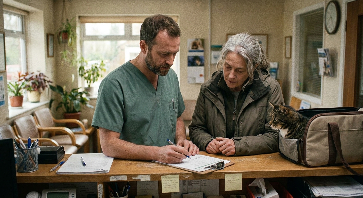 A practice owner talking warmly with a member of their staff in the clinic, both looking at a chart, natural light and unposed