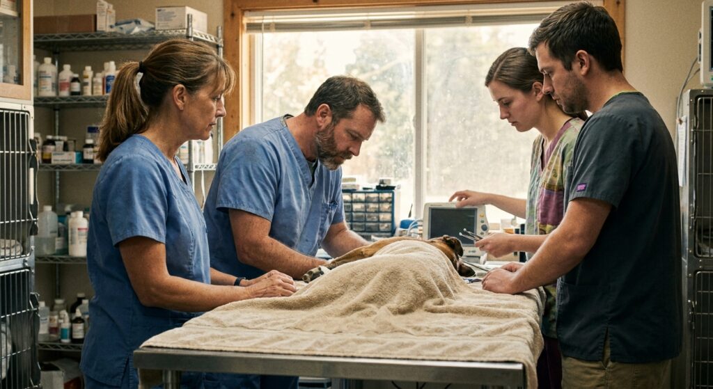 A veterinary team of vets and technicians working together in a busy practice