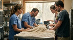 A veterinary team of vets and technicians working together in a busy practice