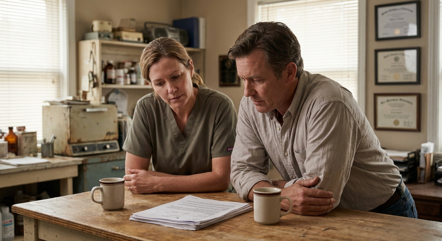 A veterinarian and a sell-side advisor review printed practice valuation terms together at a table, looking down at the documents, natural light, unposed