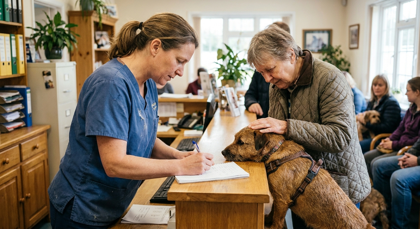 A veterinarian seated at a practice desk reviewing a printed acquisition offer, looking down at the document with a neutral expression. Natural light from a window, practice papers and a stethoscope visible. Candid documentary style, not staged.