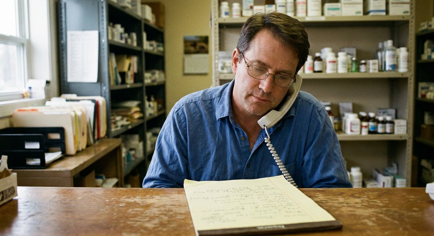 A veterinarian and a sell-side advisor reviewing a printed term sheet at a small table. Both looking down at the document. Neutral, focused expressions. Warm ambient light, a practice coffee mug on the table. Candid documentary style, not staged.