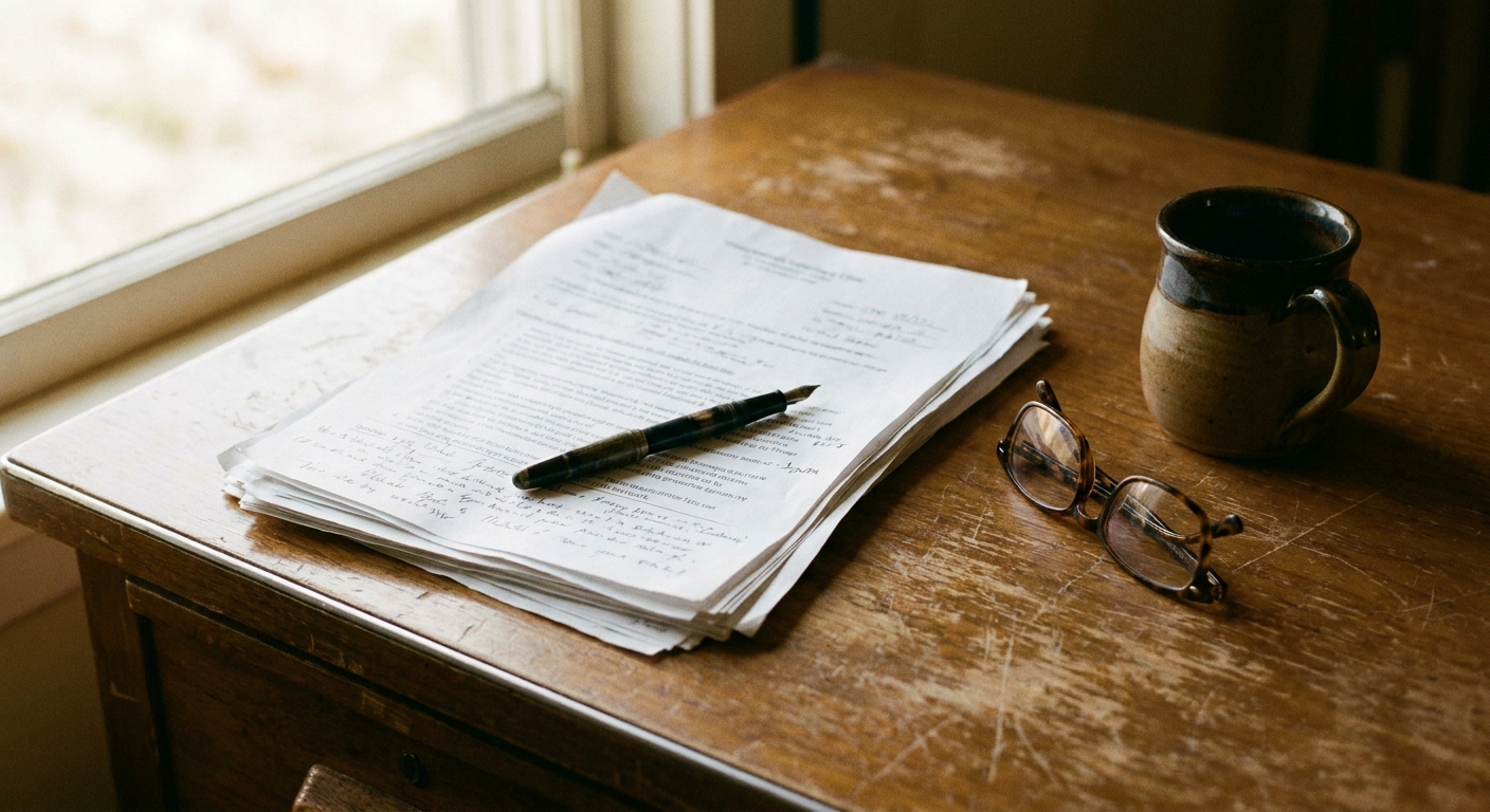 A veterinarian in her fifties sitting at a cluttered practice desk, reading a stapled written acquisition offer under a desk lamp, stethoscope and a coffee mug beside the papers, calm and focused expression