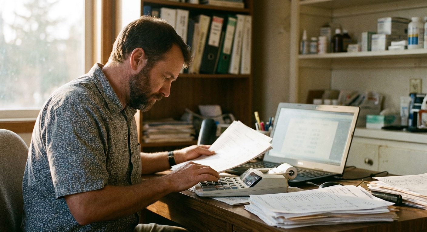 A veterinarian in his forties and a sell-side advisor sitting together at a kitchen table, reviewing the terms of a written offer side by side, relaxed and focused, papers and two coffee cups between them