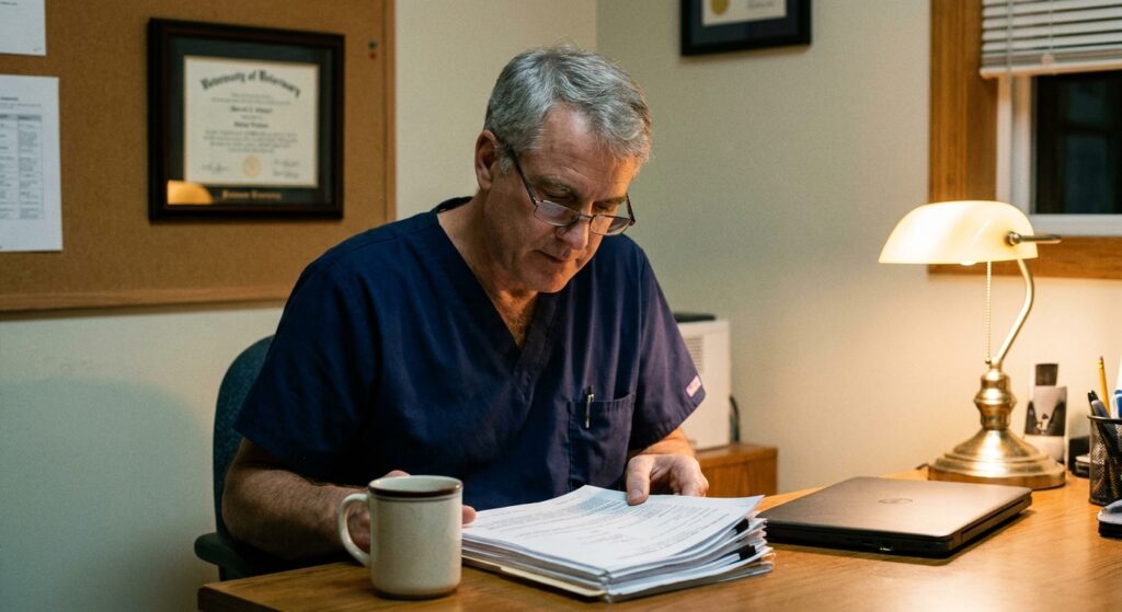 Veterinarian reviewing an acquisition offer for their practice