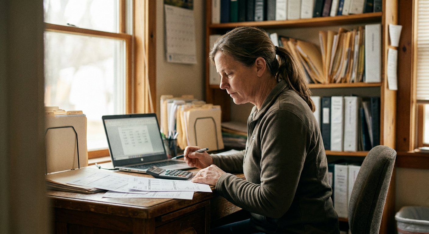 A veterinarian reviews a written acquisition offer at a quiet desk, looking down at the papers, warm ambient light, candid documentary style