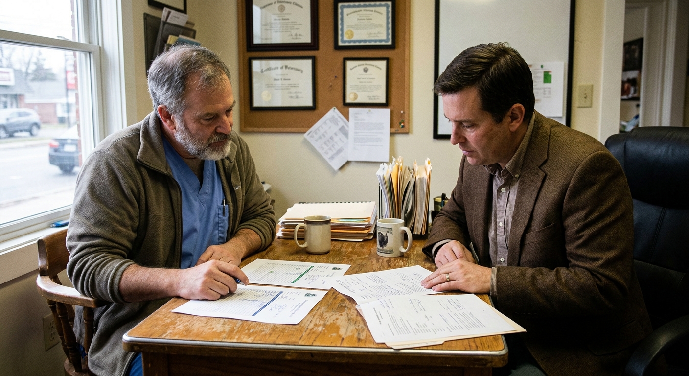A veterinarian and a sell-side advisor review deal terms together at a table, both looking at printed documents, candid documentary moment, warm natural light, not staged