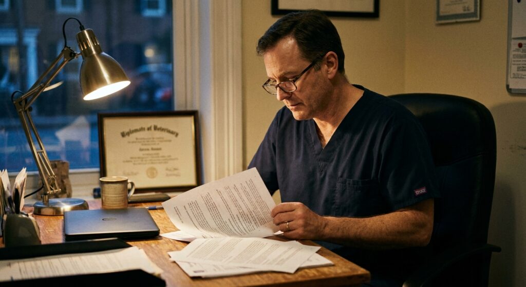Veterinarian reviewing an acquisition offer for their practice