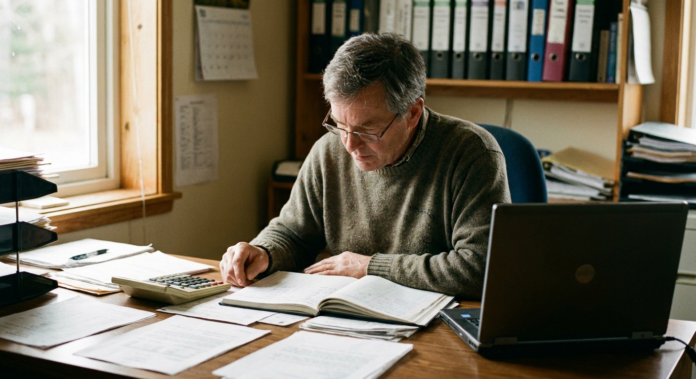 A veterinarian and a sell-side advisor sit together at a table reviewing a term sheet, the advisor pointing to specific clauses, both looking down at the document โ warm ambient light, real-practice setting