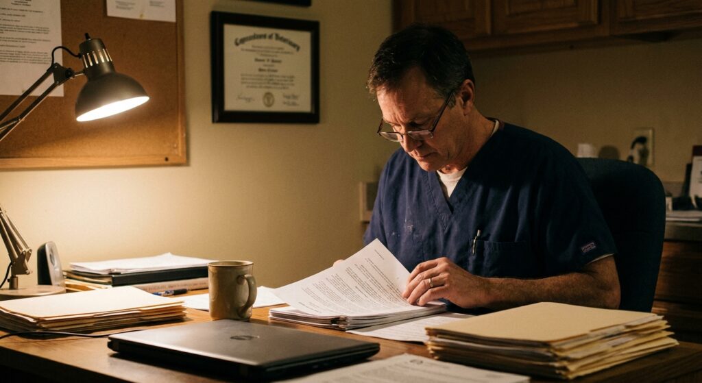 Veterinarian reviewing an acquisition offer for their practice