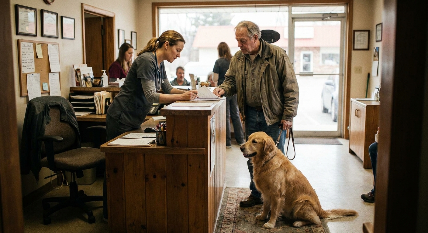 A veterinarian in her early sixties seated at a cluttered practice office desk, reviewing a stapled written acquisition offer document, reading glasses in hand, an appointment book and a coffee mug beside her, looking down at the pages