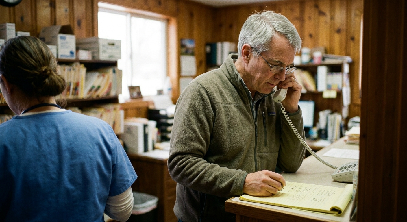 A veterinarian in his forties sitting beside a sell-side advisor at a table, both looking down at a printed offer term sheet, pointing at a line on the page, calm and focused