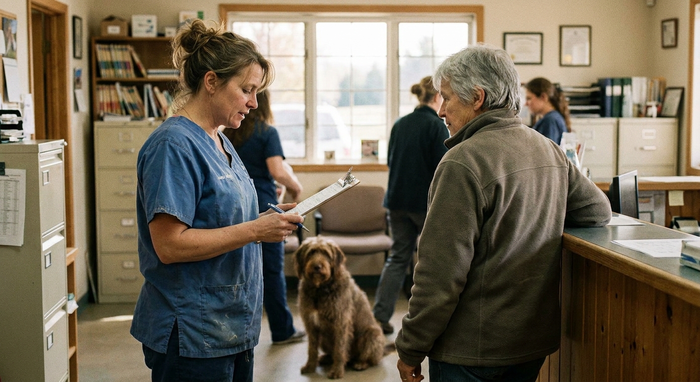 A veterinarian in his sixties and a sell-side advisor sitting together at a kitchen table reviewing a printed offer term sheet, the advisor pointing at a line item, both looking down at the pages