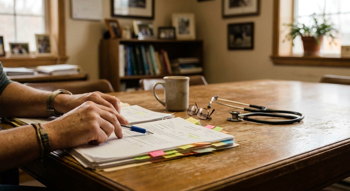 Veterinarian reviewing financial documents at a desk in a veterinary practice office, looking down at paperwork, warm ambient light, candid documentary style