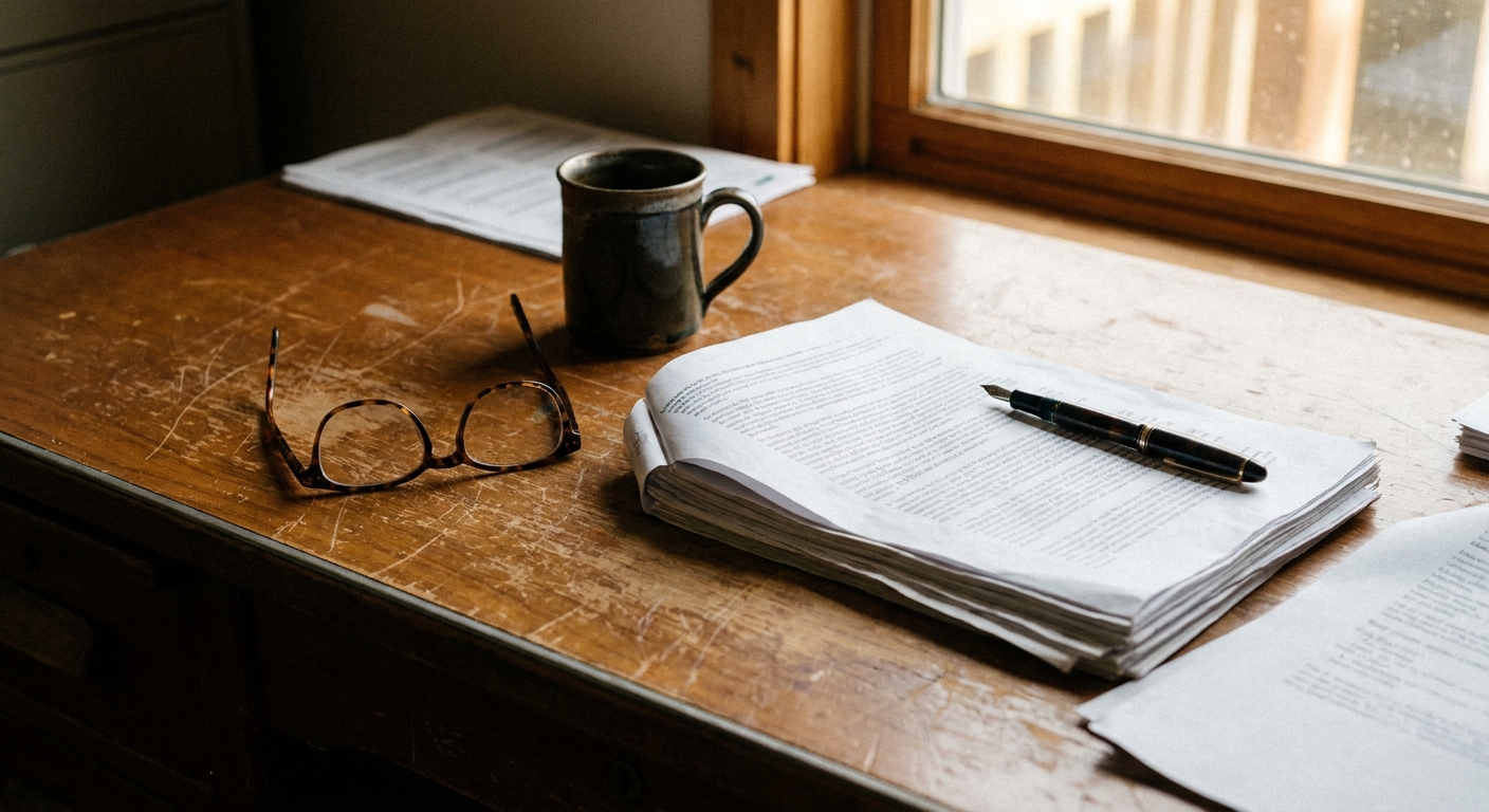 Practice owner and advisor reviewing a term sheet together at a table in a practice break room, looking down at documents, candid, natural light