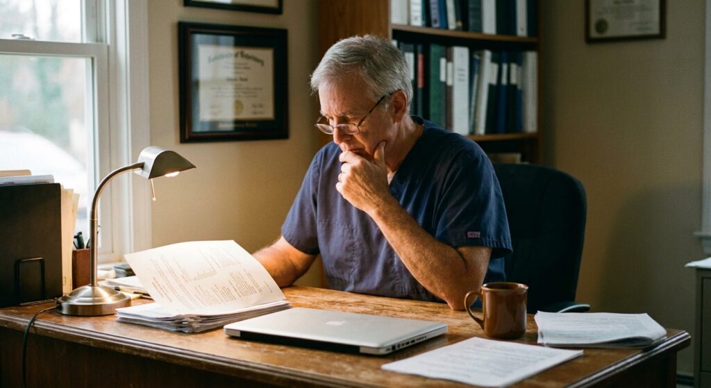Veterinarian reviewing veterinary practice sale documents