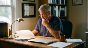 Veterinarian reviewing veterinary practice sale documents