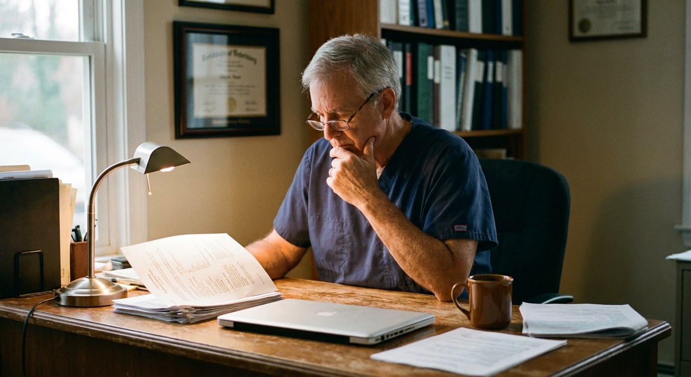 Veterinarian reviewing veterinary practice sale documents