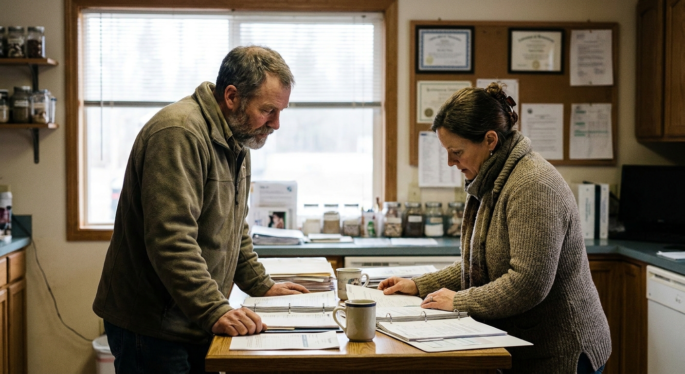 A veterinarian in her forties reviewing a stapled written acquisition offer at a cluttered practice desk, reading glasses on, a coffee mug and a stethoscope nearby, looking down at the document