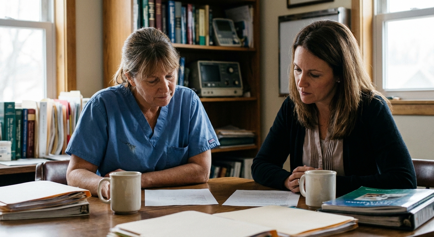 A veterinarian in his sixties sitting beside a sell-side advisor at a table, the two of them reviewing the terms of an offer together, papers spread between them, both looking down at the documents