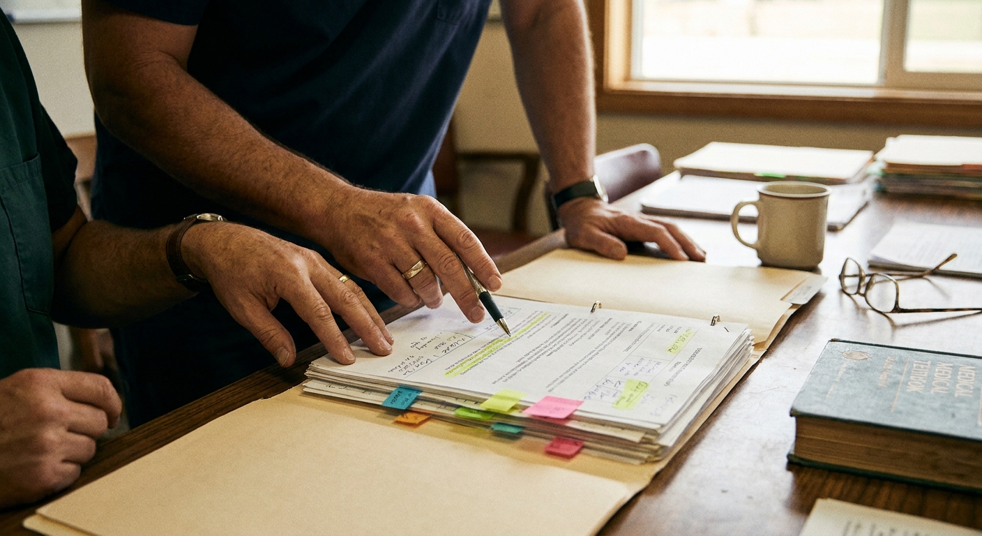 A veterinarian reviews a written offer at her practice desk, looking down at the document with a calm, focused expression, natural ambient light, candid documentary style