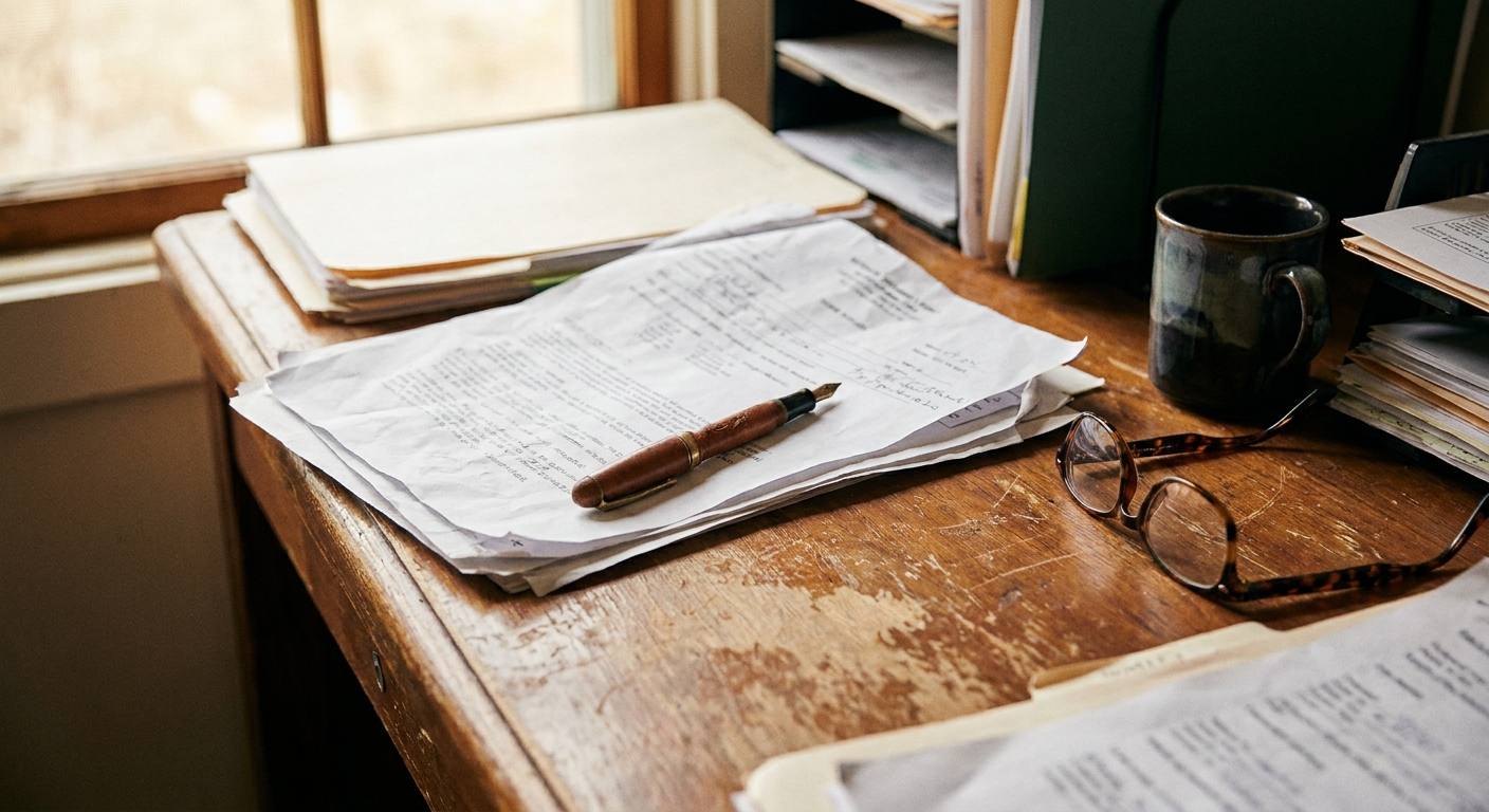 A veterinarian and an advisor review post-sale terms at a practice conference table, both looking down at documents, natural lighting, candid documentary style, warm color palette