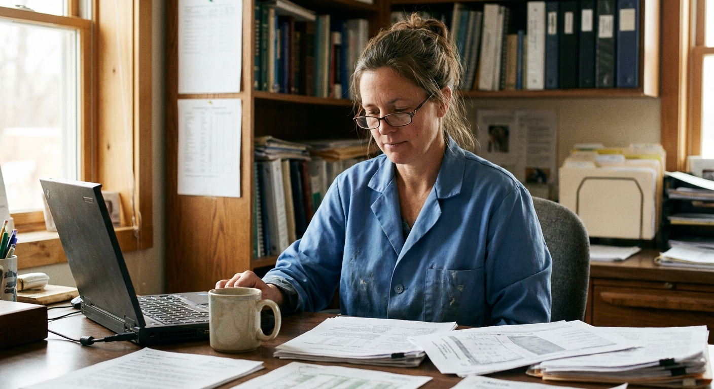 Veterinarian reviewing market research and practice financials at a clinic workspace in daylight, papers and a laptop spread out, looking down at the documents