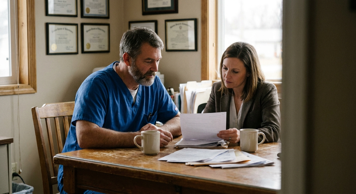 Two veterinary practice owners shaking hands with an advisor across a small table in a bright clinic, a signed agreement and laptop between them, marking the moment a sale process begins