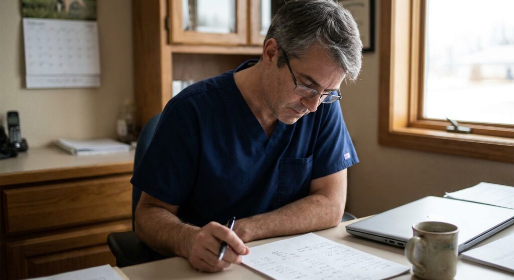 Veterinarian reviewing market and valuation worksheets while weighing whether the timing is right to sell