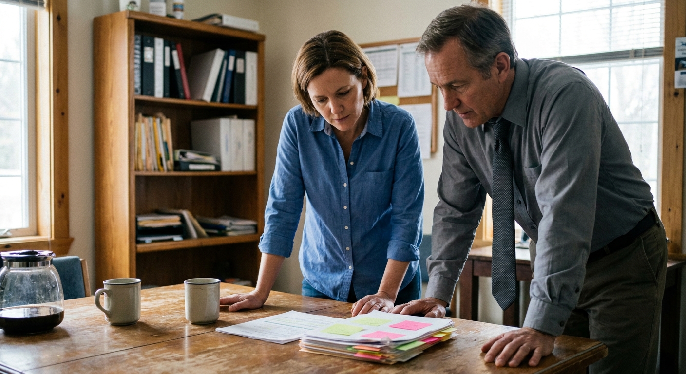 A veterinarian (a woman in her forties in business-casual) and an attorney (a man in his fifties in a shirt and…