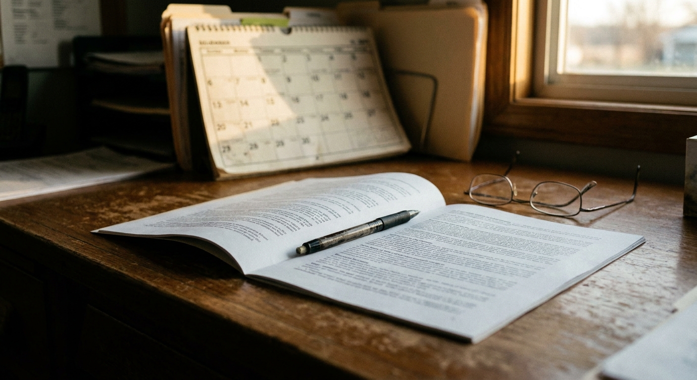 Close-up of a desk with a printed multi-page agreement open to a middle page, a pen resting in the gutter, a wall…
