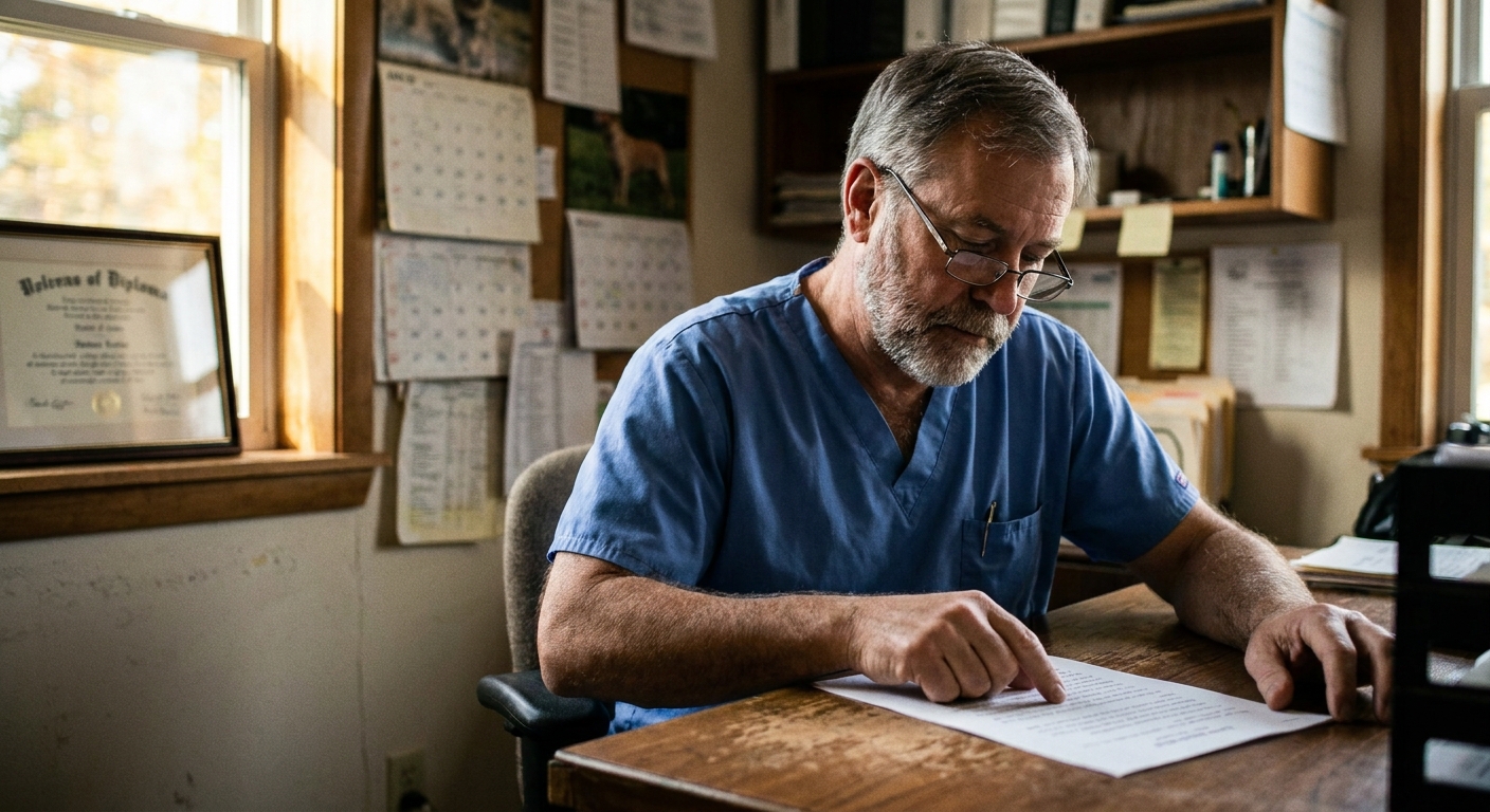 A male veterinarian in his early fifties in scrubs at a desk reading a single printed employment-term page closely…
