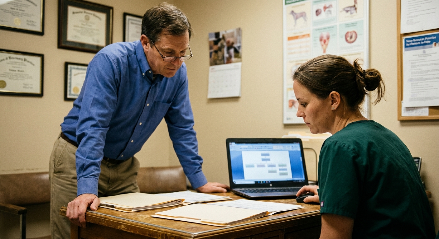 A sell-side advisor (a man in his forties in business-casual) and a veterinarian (a woman in her fifties in…