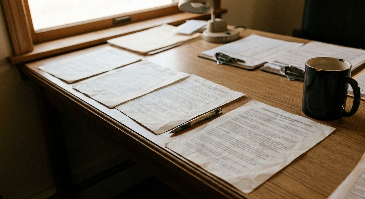Close-up of a worktable with four printed one-page offer summaries laid out in a row for comparison (columns…