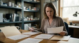 A woman veterinarian in her late forties in business-casual at a worktable with several separate printed offer…