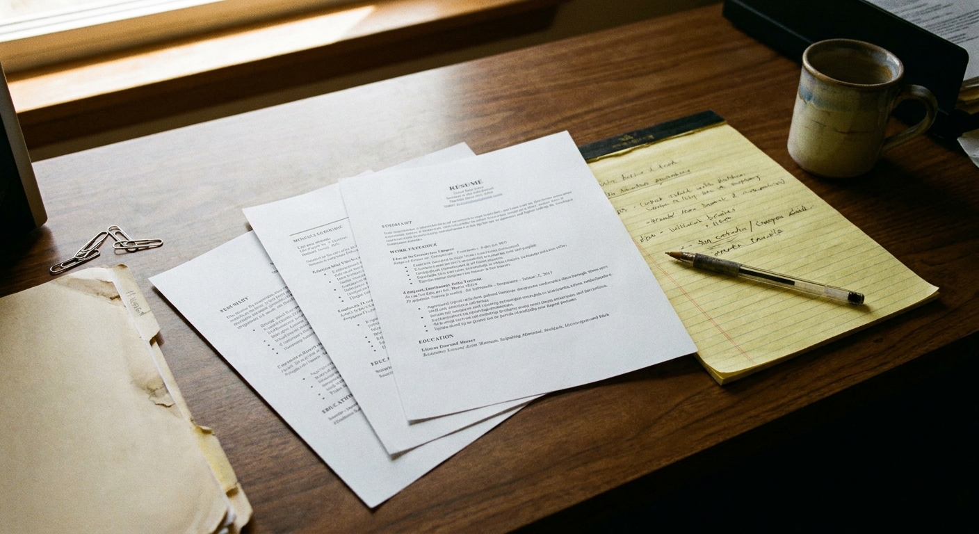 Close-up of a desk with three printed résumés fanned out, a legal pad with a short handwritten interview list…