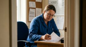 A woman veterinarian in her late forties in a lab coat at a practice office desk, looking DOWN at a printed…