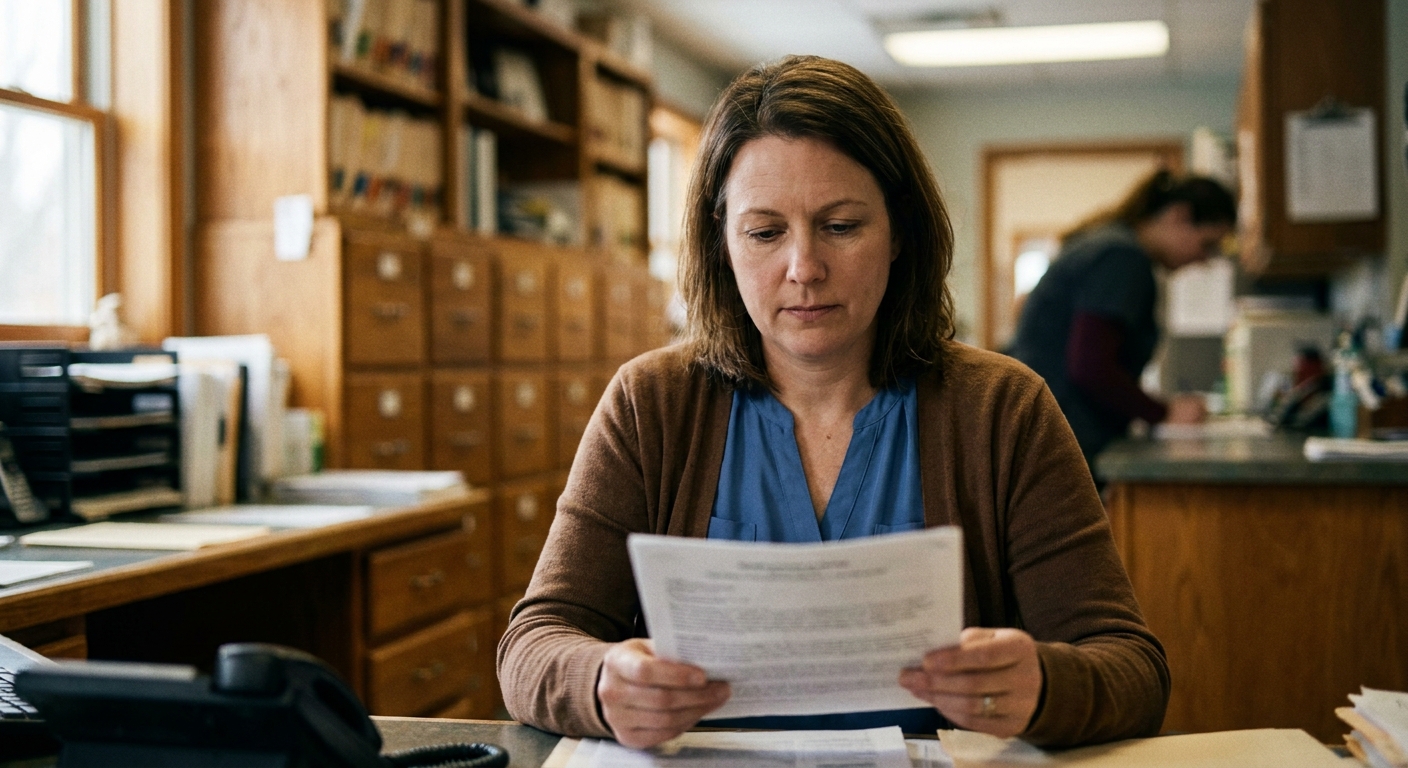 A practice manager (a woman in her forties in business-casual) at a workstation reviewing a thin printed applicant…