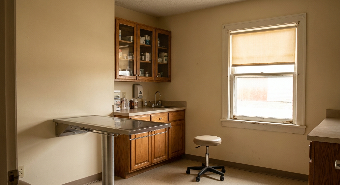 An exam room standing empty mid-morning in an independent practice — clean table, neatly stocked cabinetry, nobody…