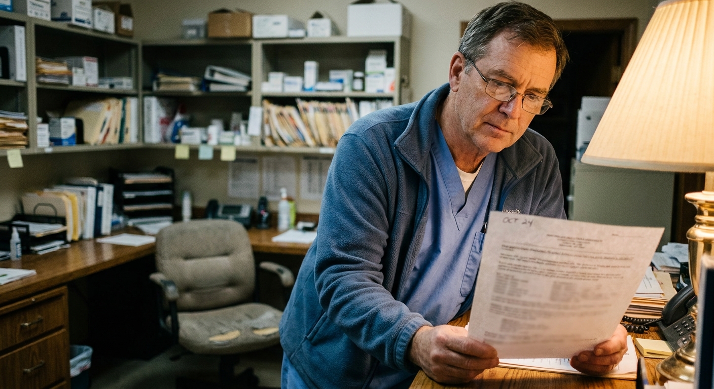 A male veterinarian in his early fifties in scrubs alone at a clinic back-office desk in the evening, looking DOWN…